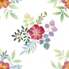 Seamless watercolor flowers pattern. Flowers and leaves. Hand painted color. Floral pattern for design. Seamless floral pattern.  Painted flowers for packaging, wallpaper, fabrics.