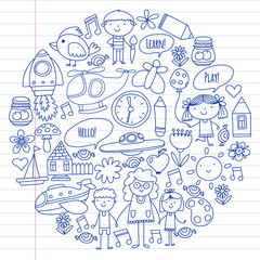 Vector icons and elements. Kindergarten, toys. Little children play, learn, grow together.