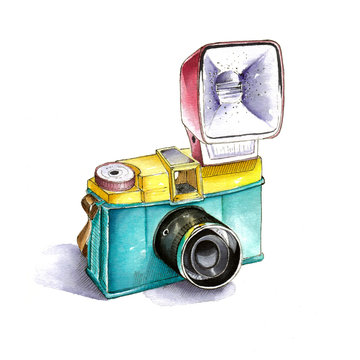 Watercolor vintage retro photo camera on white background. Nice for design, logo, prints or background