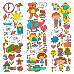 Vector icons and elements. Kindergarten, toys. Little children play, learn, grow together.