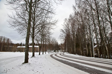 snowy landscape of a road . snowy road . winter perspective 