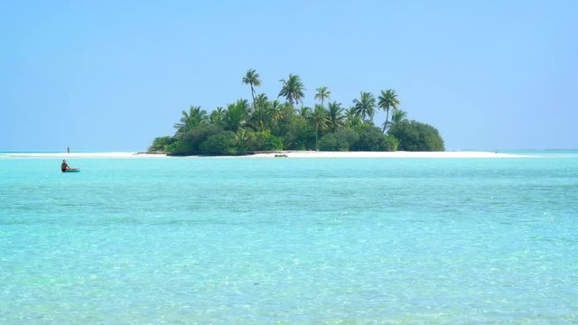 Palms over white sand and crystal clear waters of a tropical beach paradise