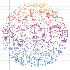 Vector icons and elements. Kindergarten, toys. Little children play, learn, grow together.