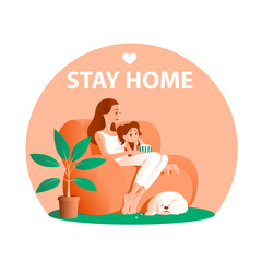 Mother and little daughter are sitting on the couch. Watching TV. Near the dog. Remain at home during quarantine. Vector illustration.