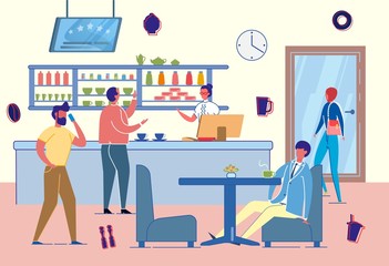 Diverse People Having Morning Coffee in Cafeteria.