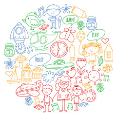 Vector icons and elements. Kindergarten, toys. Little children play, learn, grow together.