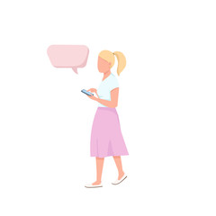 Casual outfit flat color vector faceless character. Woman hold mobile phone. Teen walk with smartphone. Person with speech bubble isolated cartoon illustration for web graphic design and animation