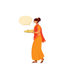 Indian flat color vector faceless character. Woman in traditional saree serve meal. Girl with food on tray. Person with speech bubble isolated cartoon illustration for web graphic design and animation