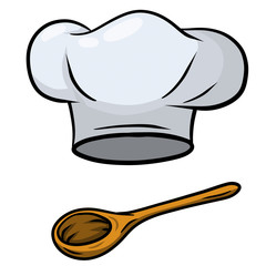 Chef hat. Wooden spoon. Cook white Clothes. Element of the restaurant and cafe logo. Cartoon drawn illustration