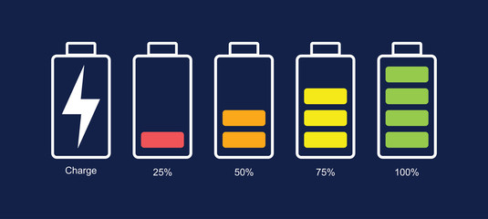 Battery icon set. Vector illustration. Discharged and fully charged battery smartphone. Set of battery charge level indicators. Icon isolated on black background. Vector info graphic.
