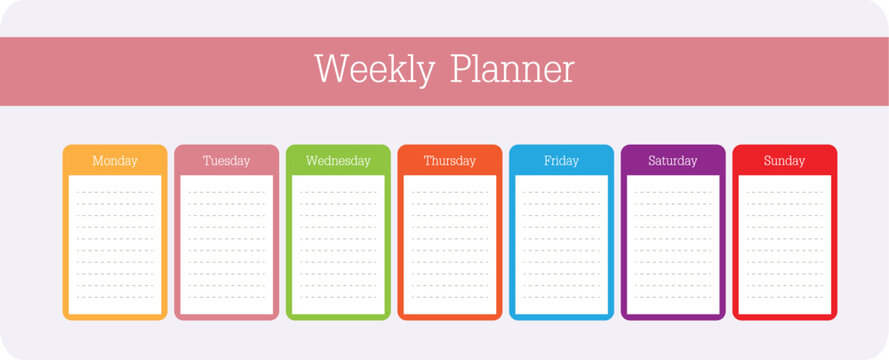 Multicolored vector schedule. Weekly planner template for companies and private use. Info graphic organizer or Weekly routine agenda sheet