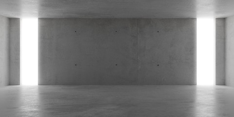 Abstract empty, modern concrete room with indirect lit backwall from behind and shiny floor - industrial interior or gallery background template, 3D illustration