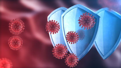 Security shield as virus protection concept. Coronavirus Sars-Cov-2 safety barrier. Shiny steel shield protecting against virus cells, source of covid-19 disease. Defense against bacteria