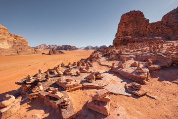 Many  Stone Pyramids in the Wadi Rum Desert Jordan