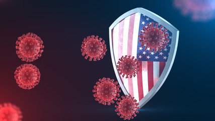 Security shield as virus protection concept. Coronavirus Sars-Cov-2 safety barrier. Shiny steel shield painted as American national flag defend against cells, source of covid-19 disease.