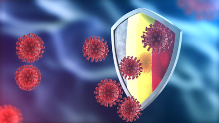 Security shield as virus protection concept. Coronavirus Sars-Cov-2 safety barrier. Shiny steel shield painted as Belgian national flag defend against cells, source of covid-19 disease.