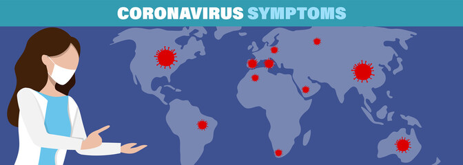 Coronavirus disease. Infographic symptoms vector illustration COVID-19 infection medical background. Dangerous asian ncov corona virus, SARS pandemic risk concept.