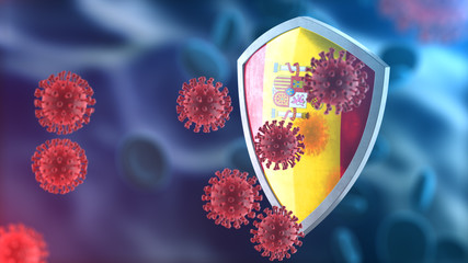 Fototapeta premium Security shield as virus protection concept. Coronavirus Sars-Cov-2 safety barrier. Shiny steel shield painted as Spanish national flag defend against cells, source of covid-19 disease.