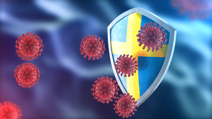 Security shield as virus protection concept. Coronavirus Sars-Cov-2 safety barrier. Shiny steel shield painted as Swedish national flag defend against cells, source of covid-19 disease.