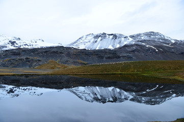 mountain lake reflection in antarctica