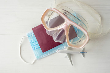 covid 19 holiday fligh travel ban concept detail of face protection mask and passport