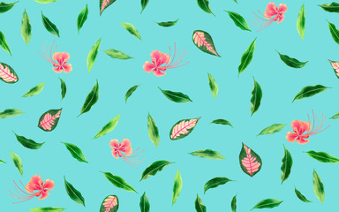 Watercolor painting fresh falling leaf,green leaves seamless pattern background.Watercolor colorful illustration tropical exotic leaf prints for wallpaper,textile Hawaii aloha summer style pattern.