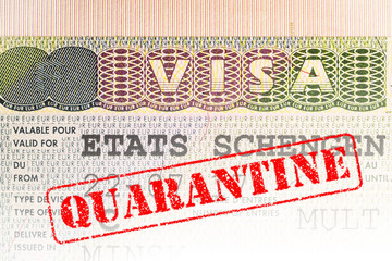 Schengen visa in the passport with the seal “quarantine” on top. Digital montage.