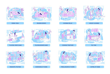 Couple bonding flat silhouette vector illustrations set. Man and woman spending time at home. Family outline characters on blue background. Lifestyle and hobbies simple style drawings pack