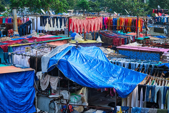 View of Dhobi Ghat (Mahalaxmi Dhobi Ghat) is world largest open air laundromat (lavoir) in Mumbai, India with laundry drying on ropes. Now one of signature landmarks and tourist attractions of Mumbai