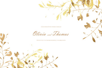 Watercolor golden texture Eucalyptus leaves wedding clipart . Tropical Wedding Frames and Arrangements. Floral wedding invitation with gold elements