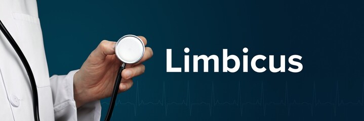 Limbicus. Arzt im Kittel hält Stethoskop. Das Wort Limbicus steht daneben. Symbol für Medizin,...