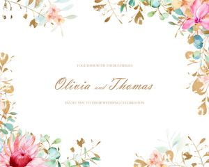 Fototapeta na wymiar Watercolor Protea and Eucalyptus wedding clipart with golden texture leaves. Tropical Wedding Frames and Arrangements. Floral wedding invitation with gold elements