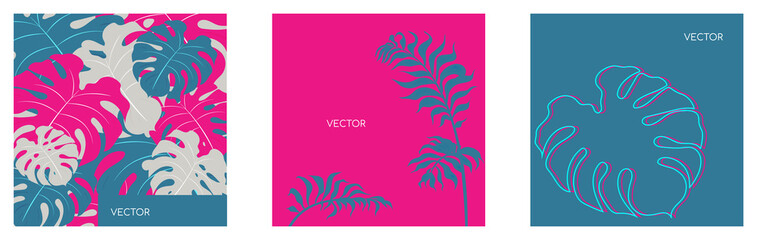 Jungle vegitation flat color vector backgrounds set. Pink monstera leaf. Glitch floral twig. Tropical botanical motiff social media post mock up. Exotic summer foliage web banner templates pack