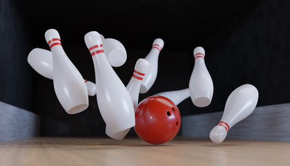 Bowling ball is knocking down pins (Strike). 3D rendered illustration.