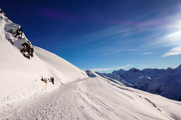 Path in the Swiss mountains covered in snow (Davos Switzerland)