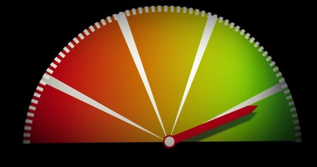 Colorful speed meter with five different color areas: red, orange, yellow, light green and green. Pointer rises from the red to the green area. Black background, Isolated.