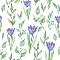 Watercolor seamless pattern with blue flowers. Spring and summer design