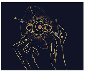 Hands set in simple flat esoteric boho style. Feminine hand logo collection with different symbol like space star planet, floral herb, moon and sun, heart love, eye, fire, drop. Vector illustration.