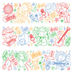 Children play music. Musical education, theatre, school.