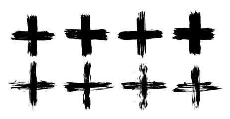 Set of plus signs in grunge style. 8 highly detailed and different crosses. Plus black isolated on white background, vector illustration.