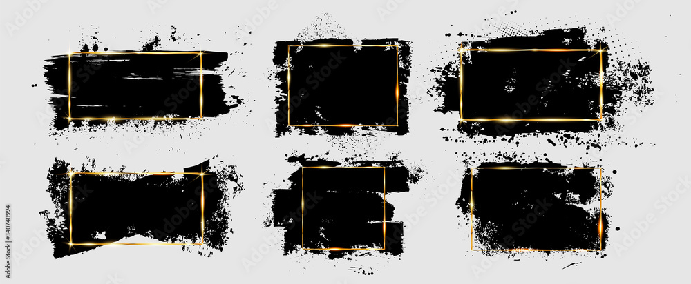 Poster grunge brushstroke and splatter with gold frame. dirty artistic design element, box, ink background 