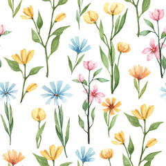 Watercolor seamless pattern with blue flowers. Spring and summer design