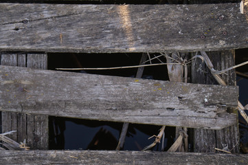 Obraz premium Wooden bridge. Above the water. Wooden boards over the water. texture. The ruined pier.