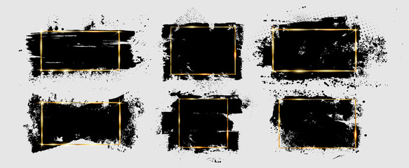 Grunge brushstroke and splatter with gold frame. Dirty artistic design element, box, ink background for text. Black splashes isolated on white background. Vector illustration brush strokes backgrounds