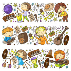 Children play music. Musical education, theatre, school.