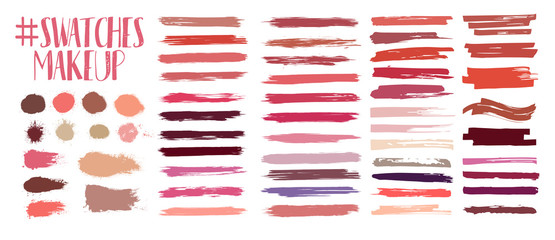 Swatches makeup collection. Lipstick strokes for color presentation.
Beauty cosmetic nude brush stains smear make up lines set lipstick swatches texture. Isolated on white paint line texture. Vector