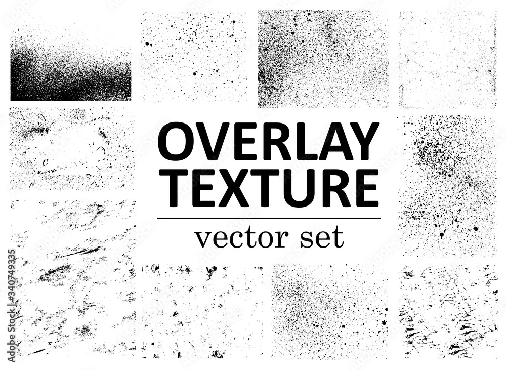 Poster Grunge overlays vector. Different paint textures with splay effect and drop ink splashes. Dirty grainy stamp and scratches and damage marks. Urban grunge overlay. Vector illustration