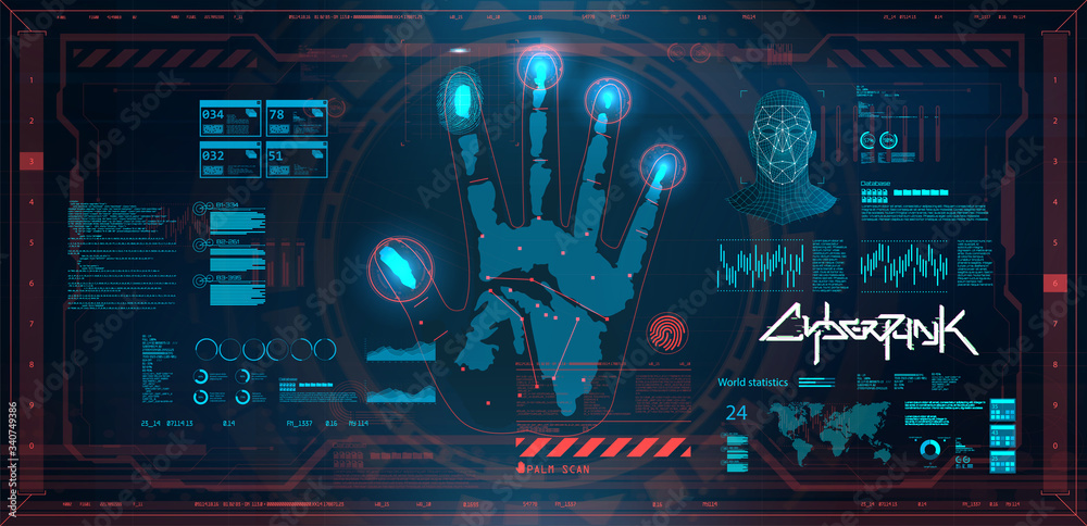 Poster Futuristic scanning hand, palm, fingers and face in HUD style. Biometric recognition system. GUI, UI, HUD smart program personal identification. HUD biometric system, Cyberpunk user interface. Vector