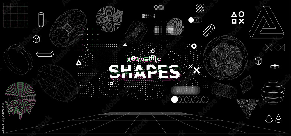 Poster Modern universal trandy geometric shapes and 3D and other elements. Digital abstract set for you design. Cyberpunk, vaporwave in memphis and glitched style. Vector