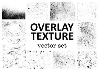 Grunge overlays vector. Different paint textures with splay effect and drop ink splashes. Dirty grainy stamp and scratches and damage marks. Urban grunge overlay. Vector illustration